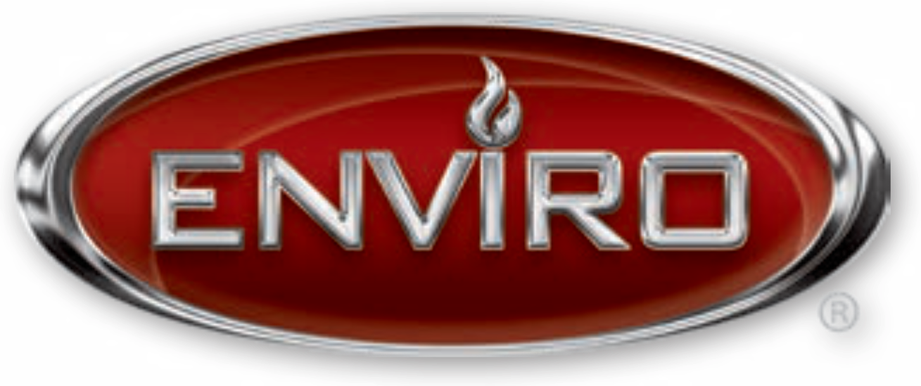 Enviro logo with red background and silver text and flame icon.
