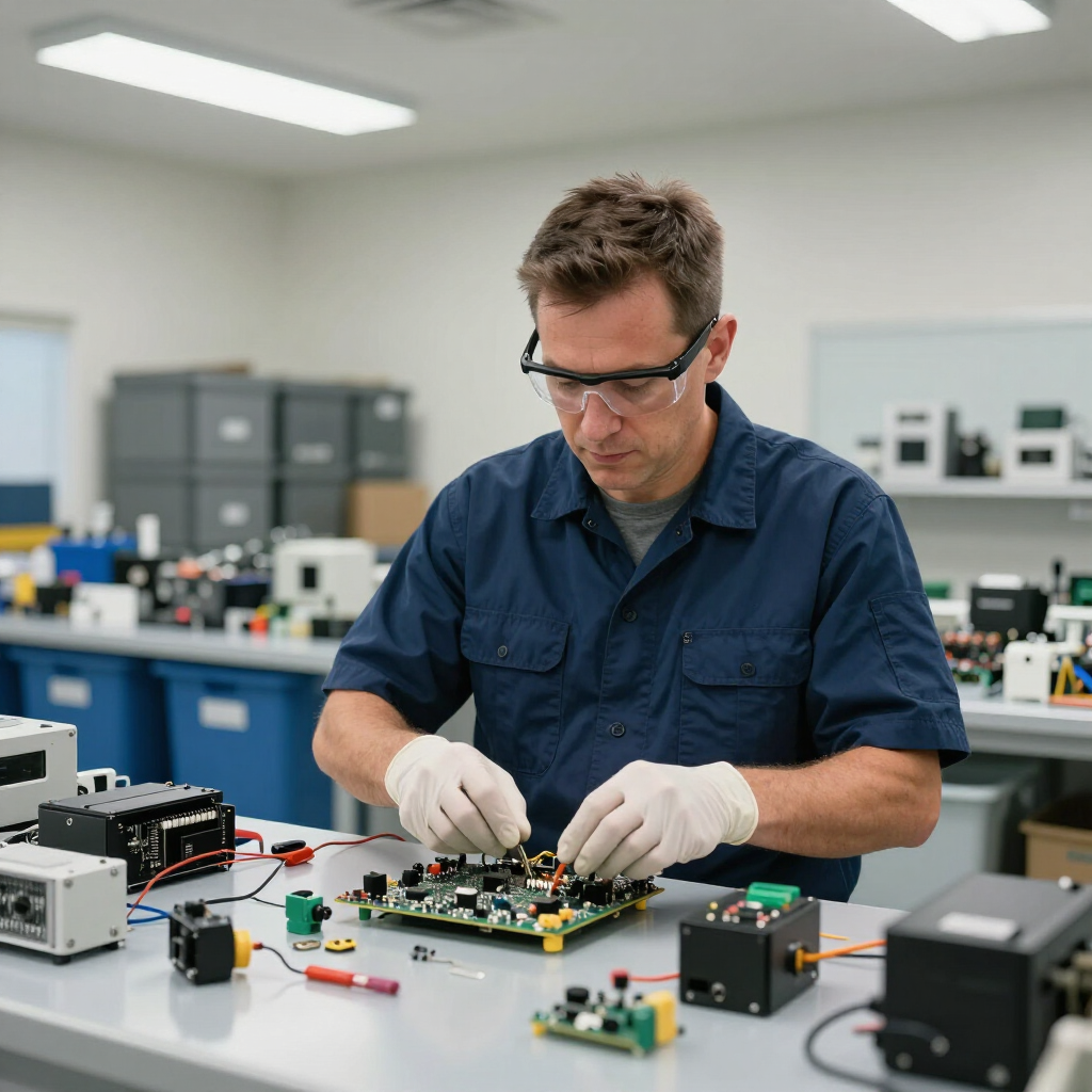 Technician in gloves assembling a circuit board at a lab workbench with electronic equipment nearby