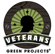 Logo for Veterans Green Projects: silhouette of a soldier in a helmet, with text "Veterans" and "Green Projects".