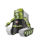 Green robot-like toy tank with striped treads and a black-and-white body on a white background