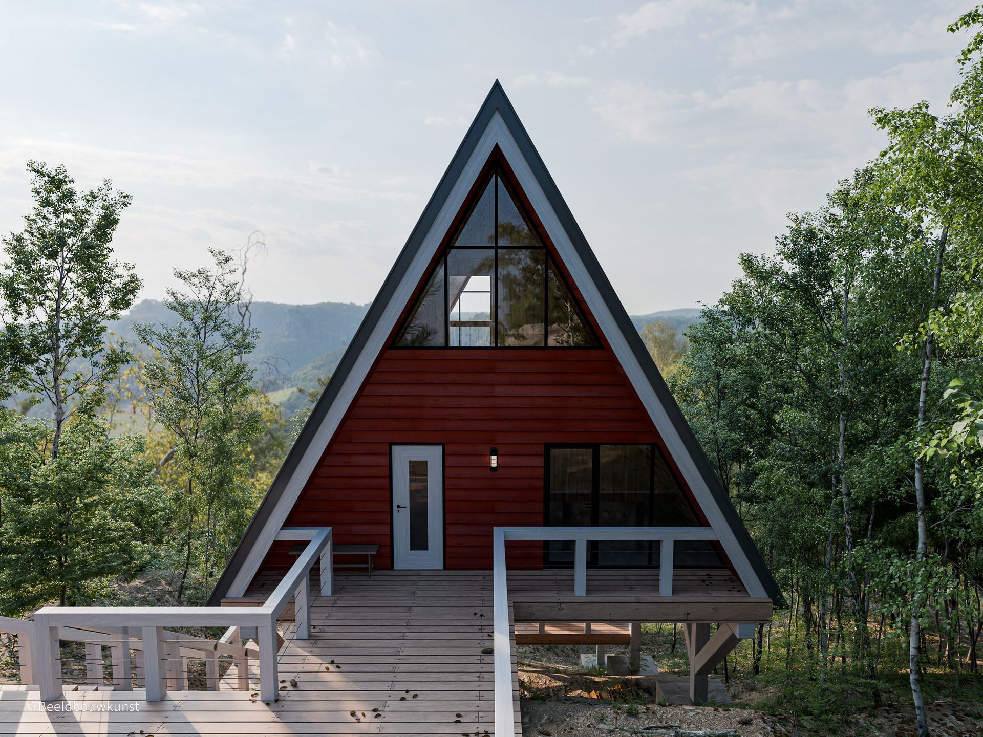 Een rood driehoekig huis met een terras midden in een bos.