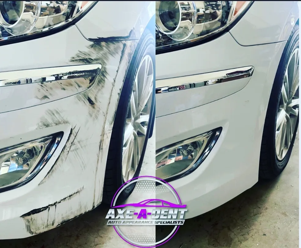 White car bumper showing before and after scratch repair.