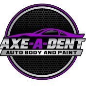 Logo for Axe-A-Dent Auto Body and Paint, featuring a purple car silhouette and text on a black and purple circular background | Axe-A-Dent Auto Collision