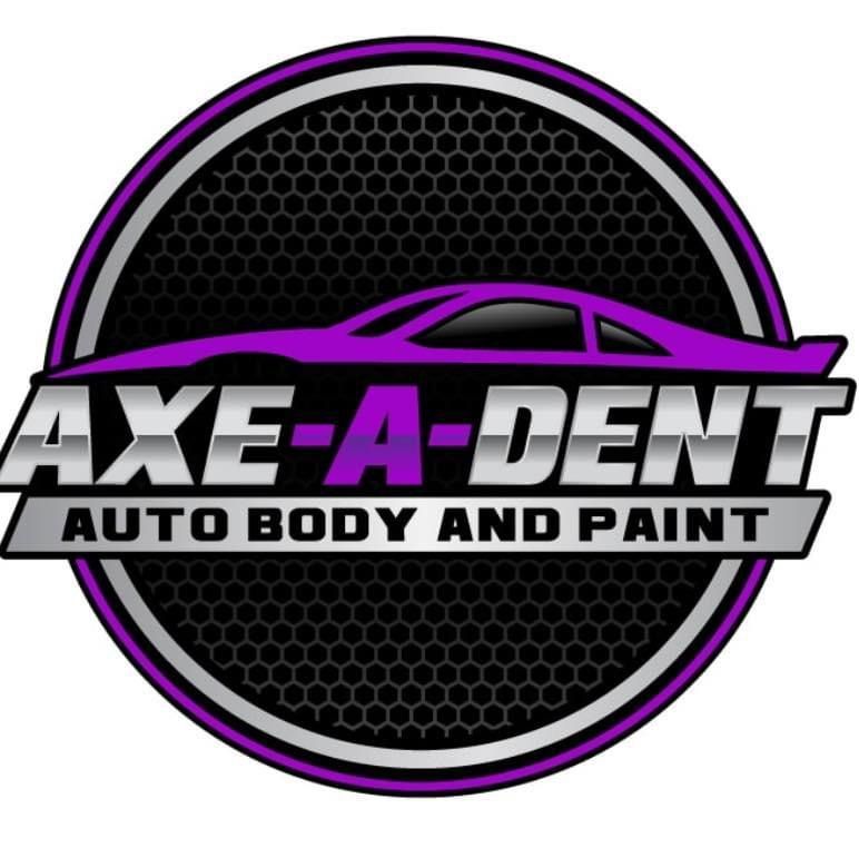 Purple Axe-A-Dent Auto Body and Paint logo with a car silhouette over a dark background and a circle border | Axe-A-Dent Auto Collision