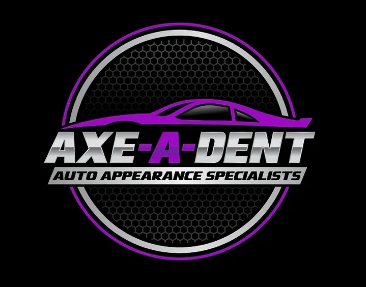 Logo for Axe-A-Dent, an auto appearance specialist. Purple car silhouette, metallic text, and a circular background.