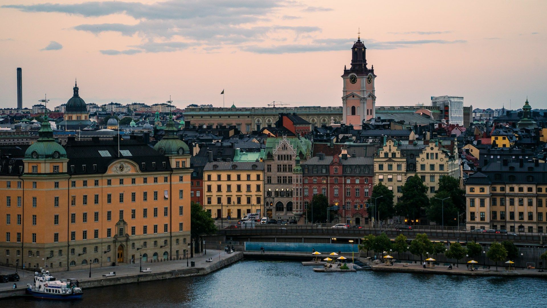 A panoramic view of Stockholm’s Gamla Stan at dusk.
