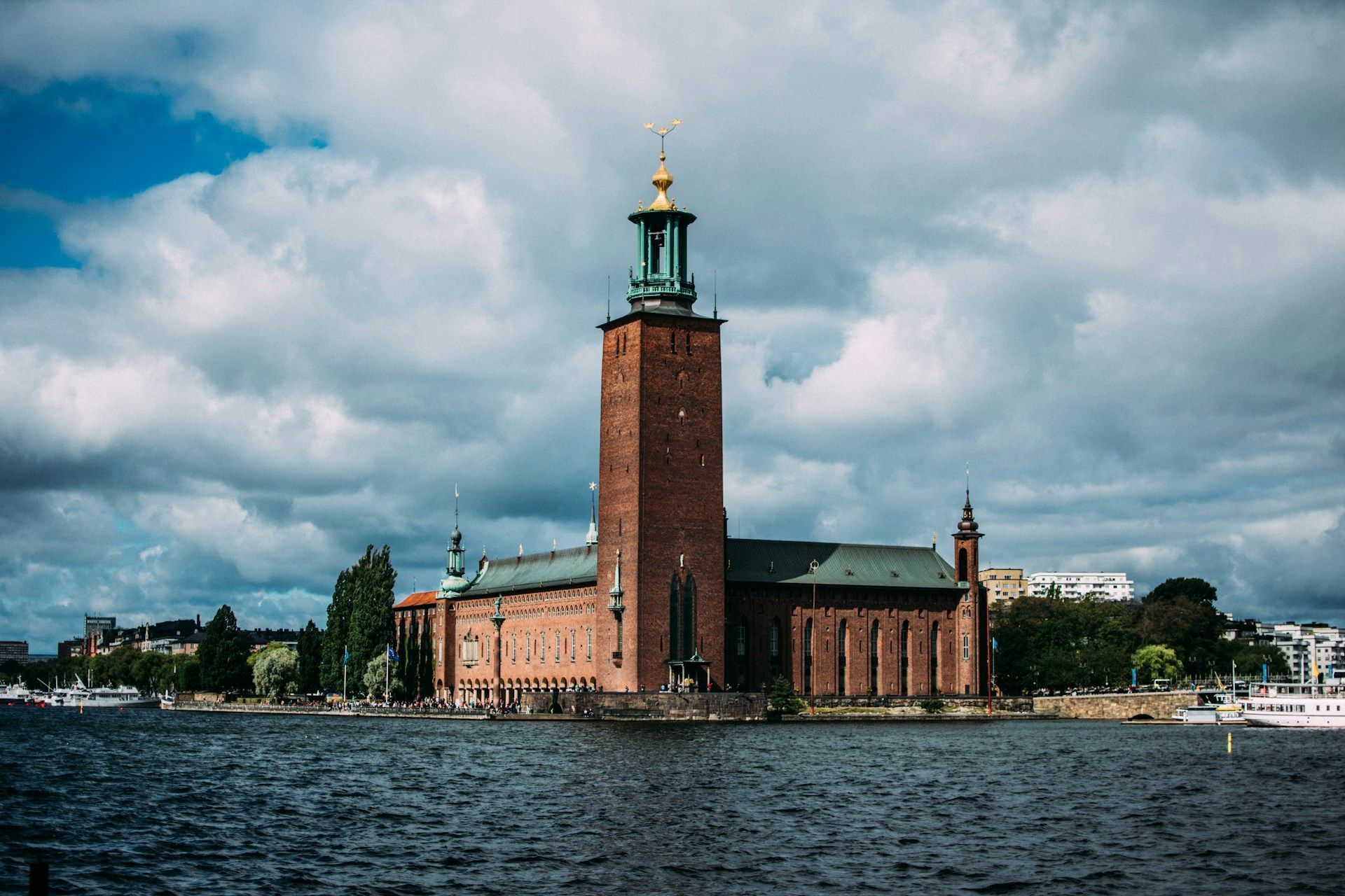 Stockholm City Hall during a partly cloudy summer day