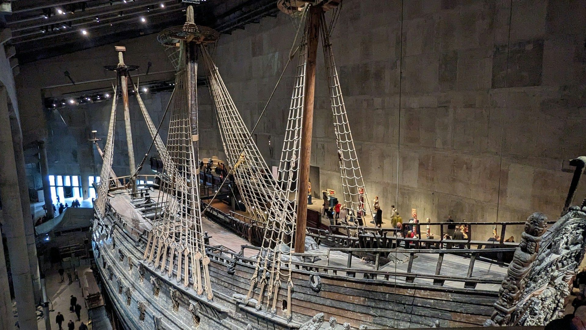 Indoor museum exhibit of the Swedish ship Vasa in Stockholm.