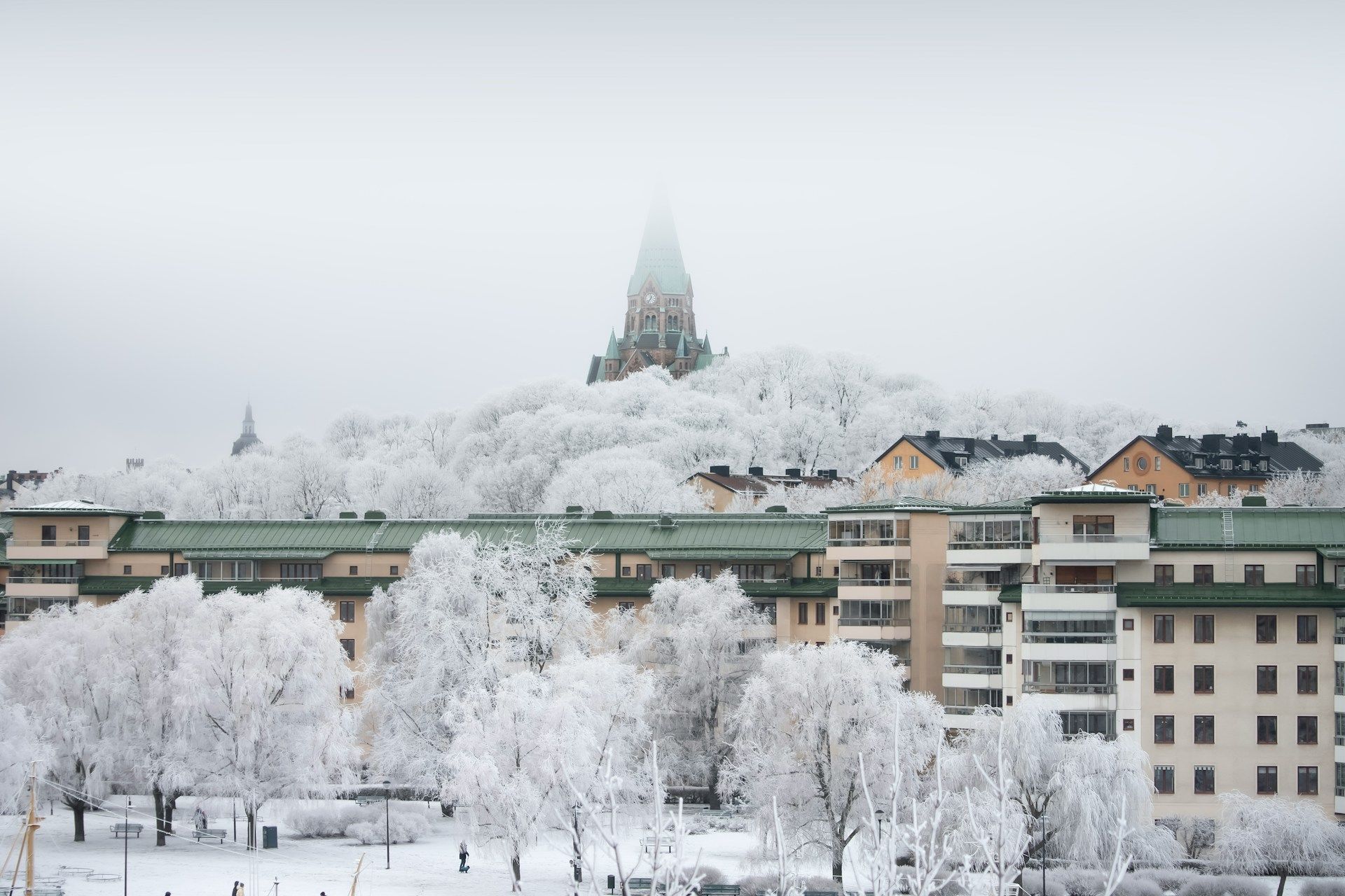 Snow-covered cityscape with a church spire rising above buildings and frost-coated trees under a gray sky