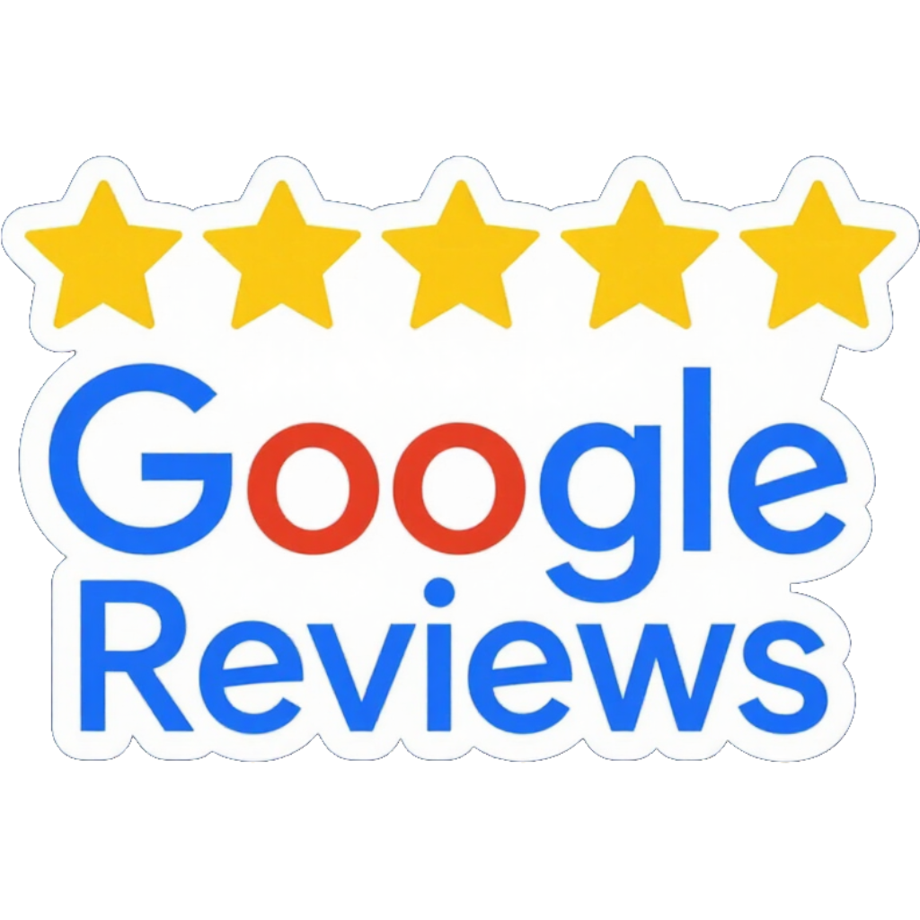 Google Reviews logo with five gold stars above blue and red text