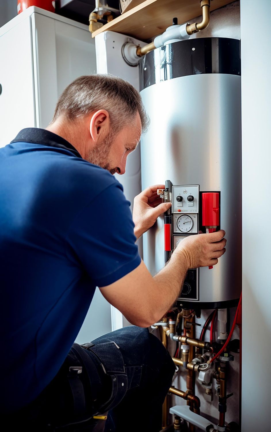 Technician inspecting a water heater with a multimeter in a utility room