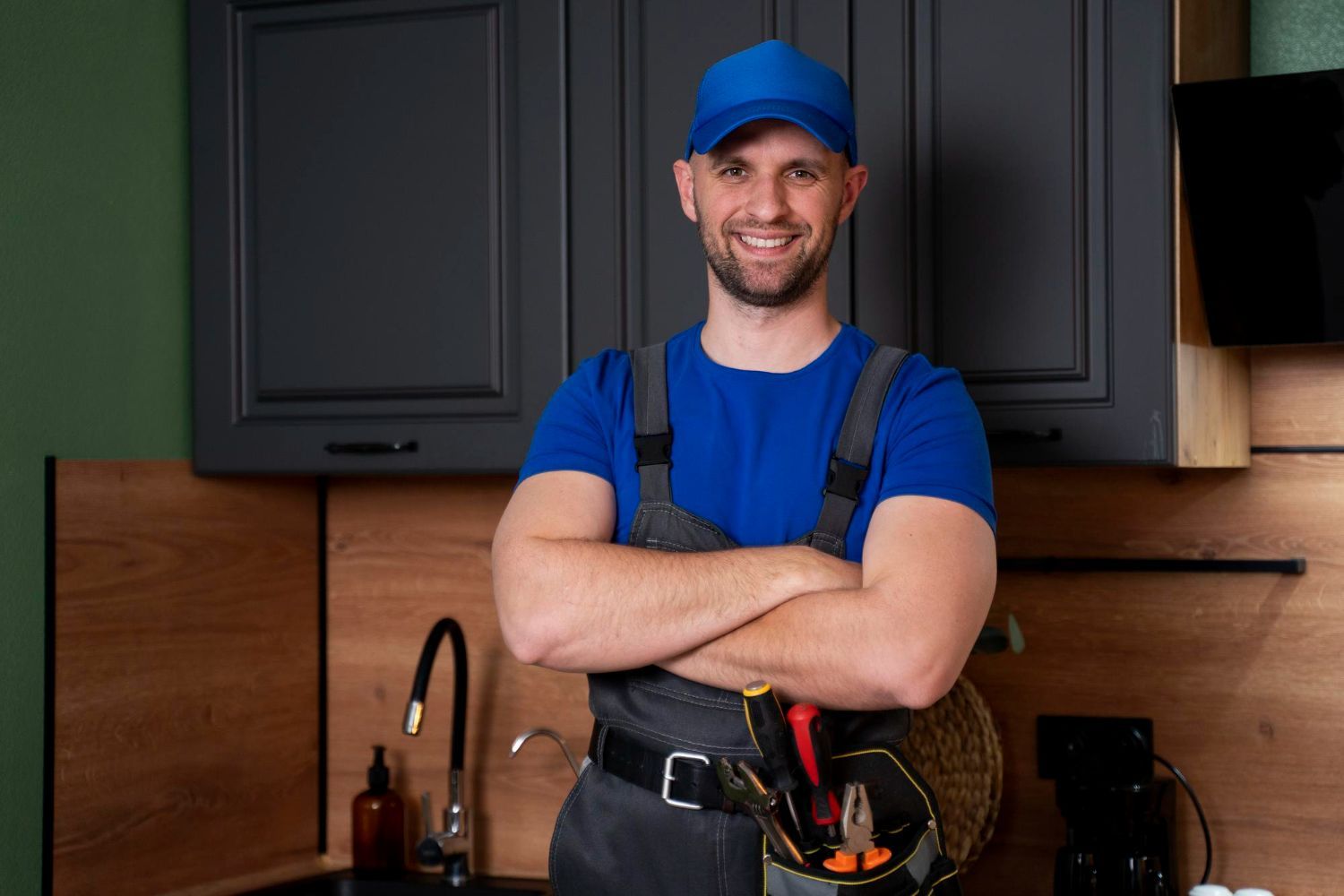 Smiling handyman in blue cap and shirt, arms crossed, standing in a kitchen with tools on his belt