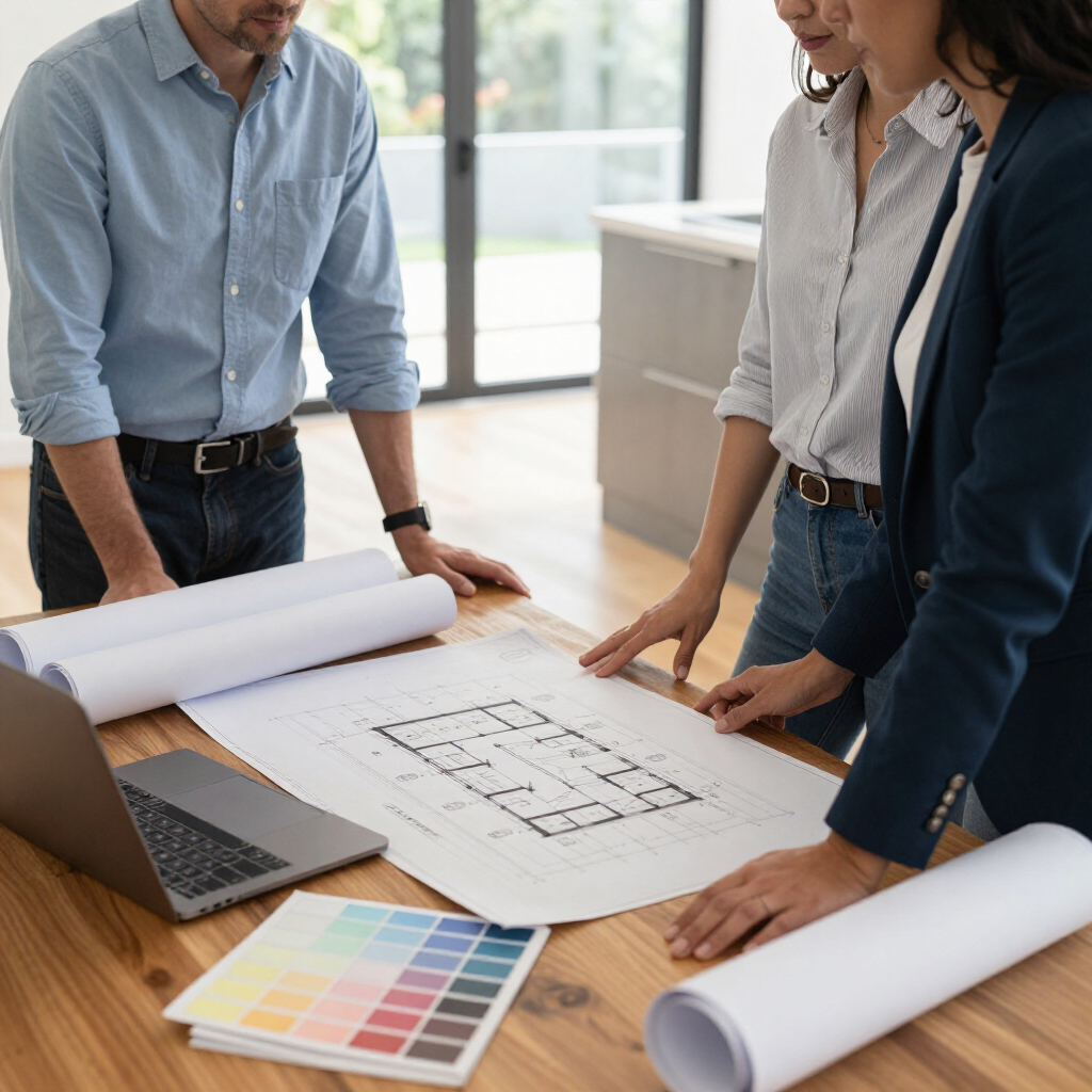 Three people review a floor plan and color swatches on a table with rolled blueprints and a laptop.