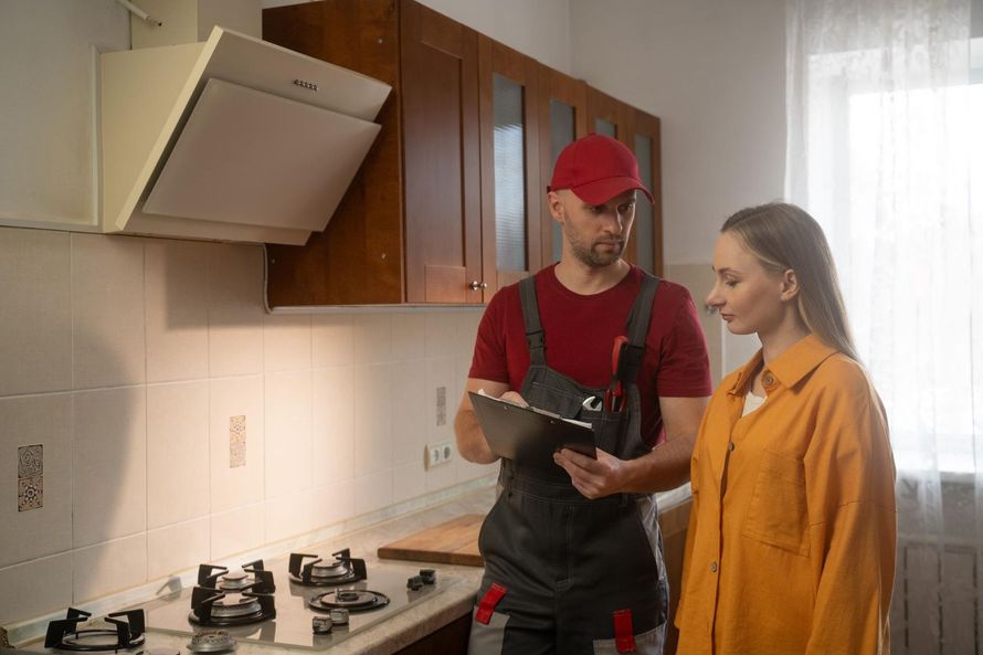 Two people in a bright kitchen looking at a tablet beside a gas stove and range hood