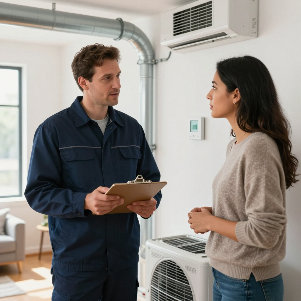 Technician with clipboard talking to a homeowner beside a wall-mounted HVAC unit and ductwork in a bright room