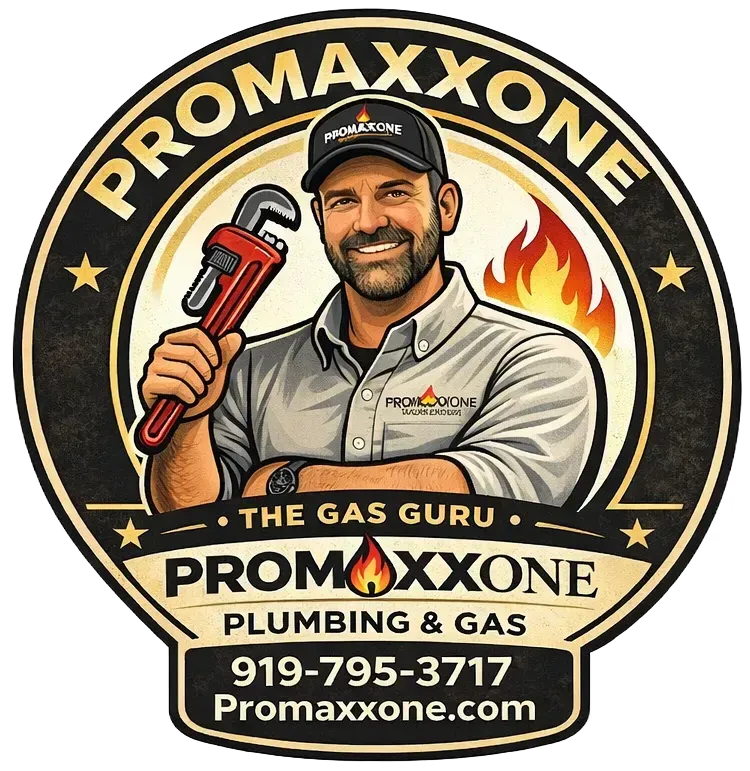Promaxxone Plumbing & Gas logo with smiling plumber holding a red pipe wrench and flames