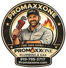 Promaxxone Plumbing & Gas logo with smiling plumber holding a red pipe wrench and flames