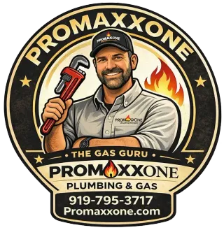 Promaxxone Plumbing & Gas logo with smiling plumber holding a red pipe wrench and flames
