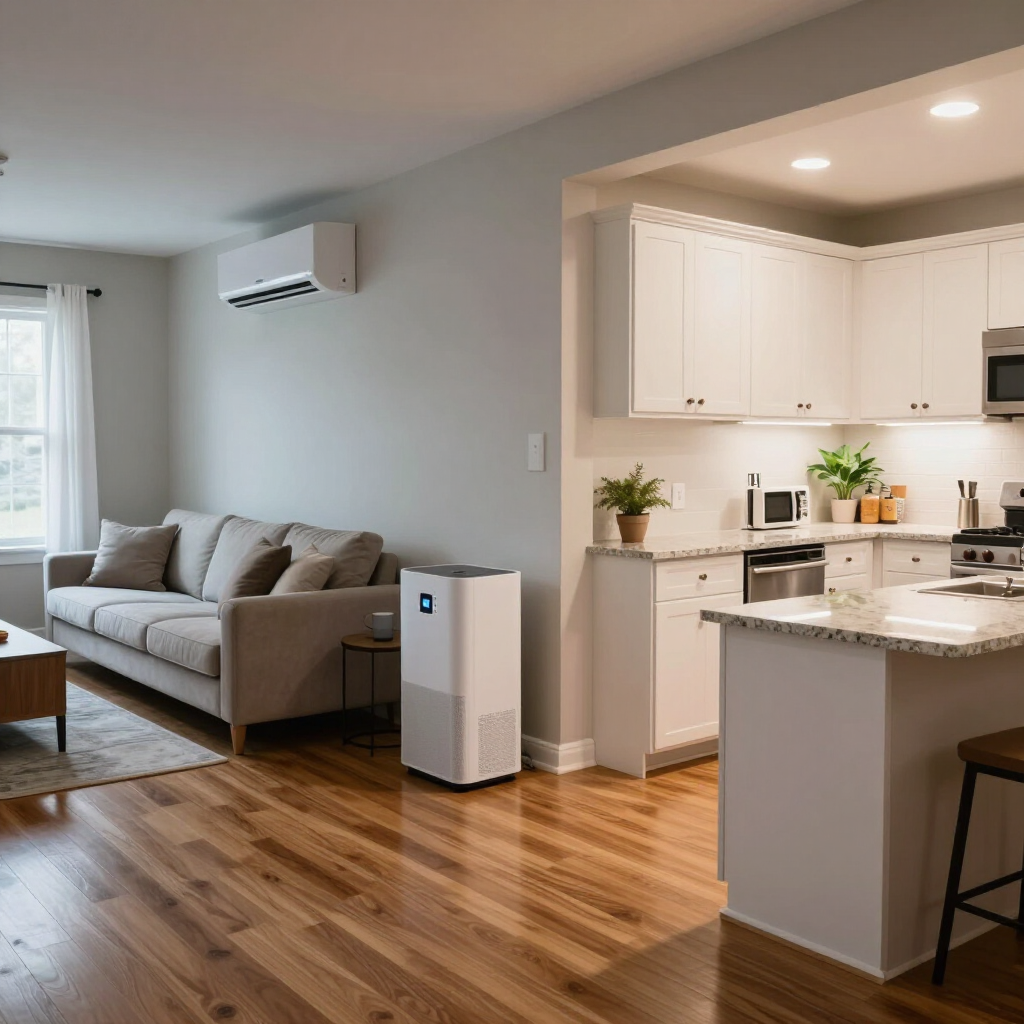 Modern open-plan living room and kitchen with gray sofa, hardwood floors, and white cabinets
