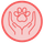 Red circle with hands cupping a paw print, symbolizing pet care.