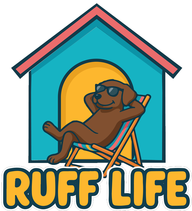 Brown dog in sunglasses relaxing in a chair in front of a blue doghouse;