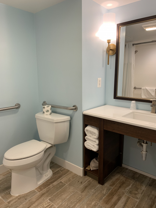 Accessible bathroom with toilet, vanity, mirror, and grab bars in light blue walls.