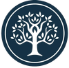 White tree logo inside a dark blue circle with a double border