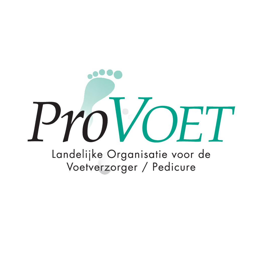 Het ProVoet-logo met turquoise voetstippen en Nederlandse tekst staat voor voetverzorgingsorganisatie en podoloog/pedicure.