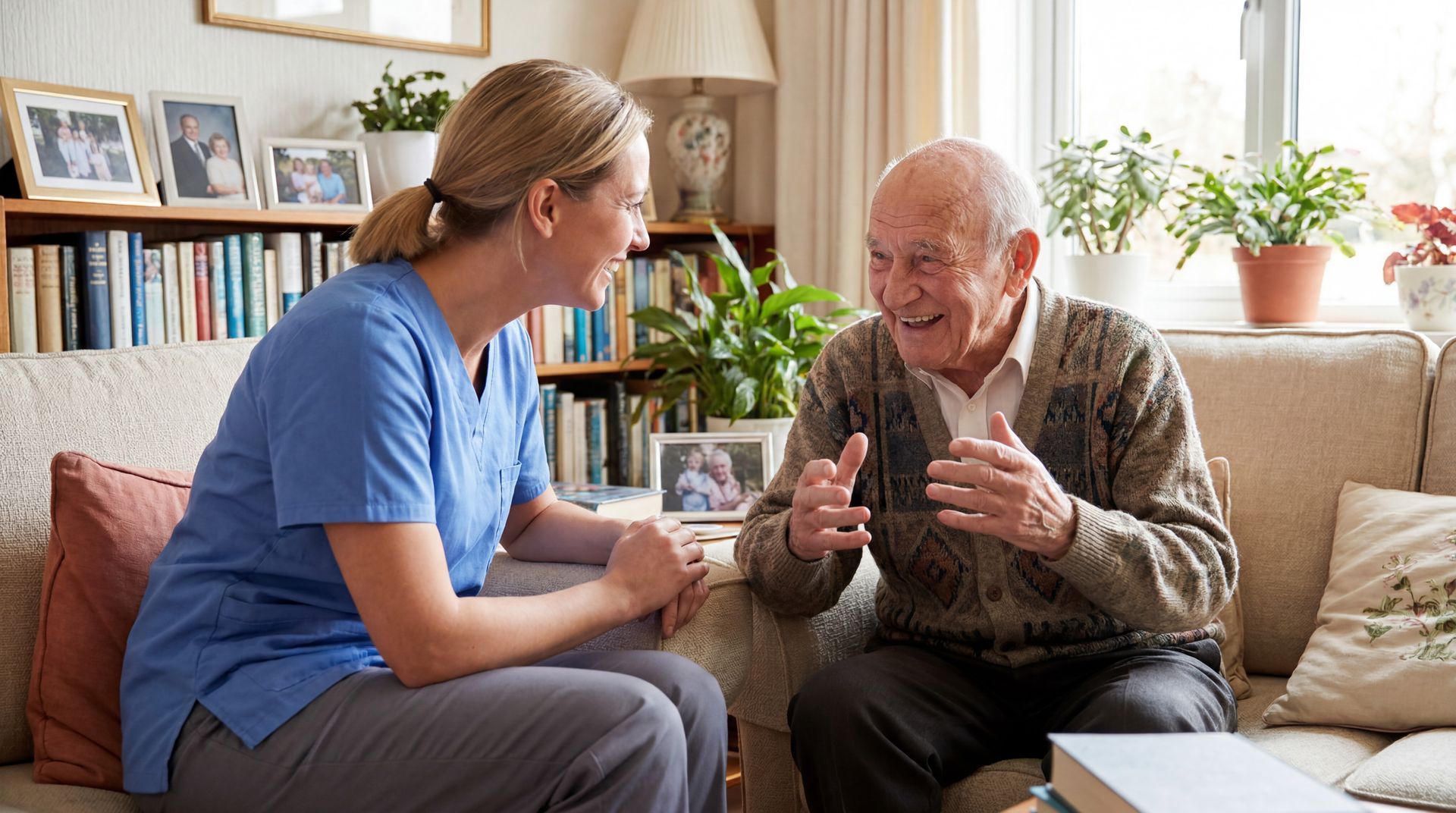 Woman helping a man walk with a cane in a bright room