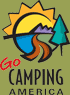 A logo for go camping america with a sun , mountains , and trees.