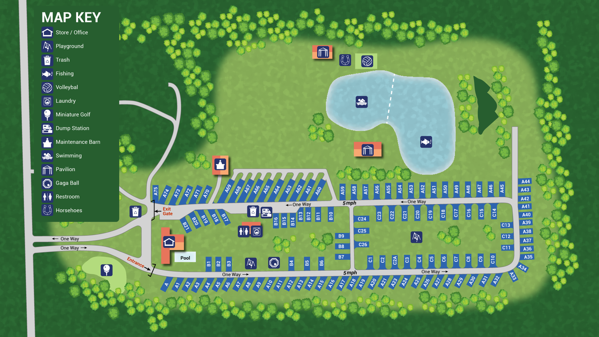 Map of the campground showing where to enter, where the campsites are, and where the amentities are.