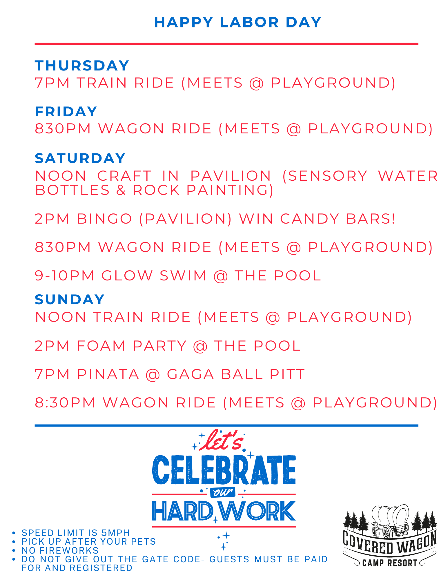 A schedule for Laborday Activities