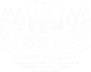 Covered Wagon Camp Resort A white logo with a drawing of a mountain and trees on a white background.