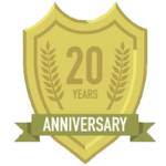 A gold shield with the words 20 years anniversary on it