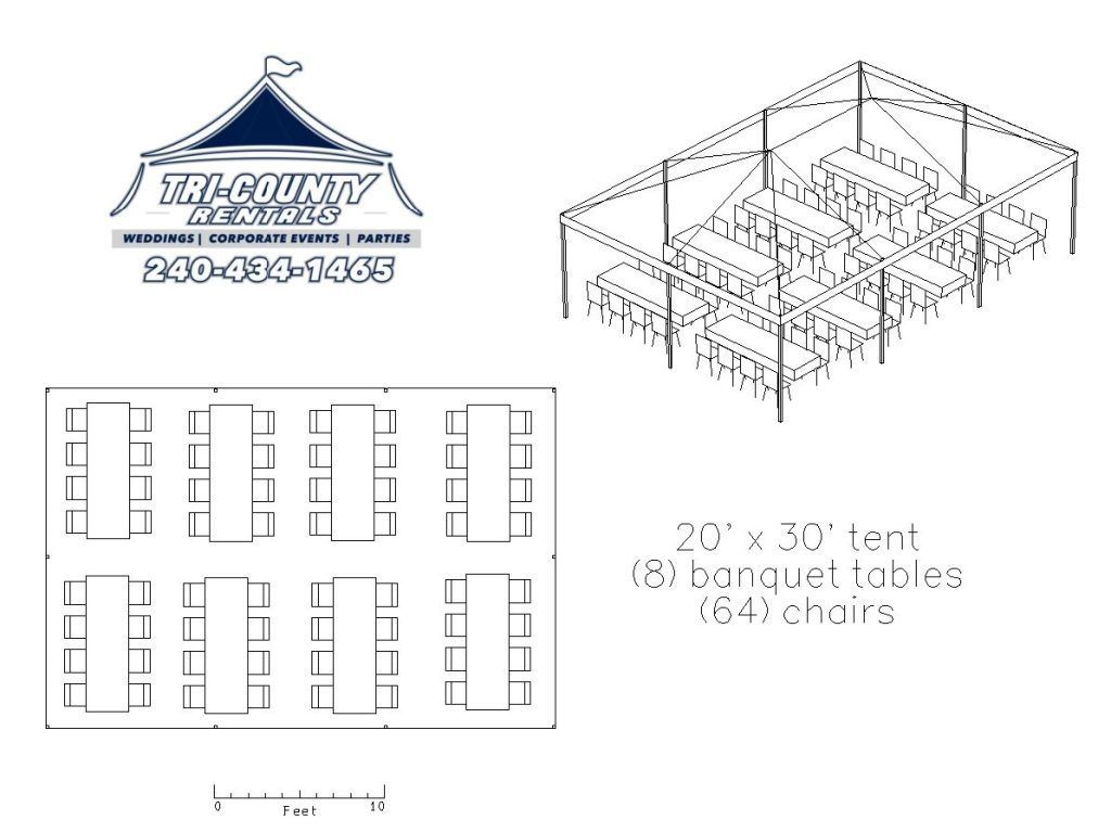 A black and white drawing of a 20 x 30 tent