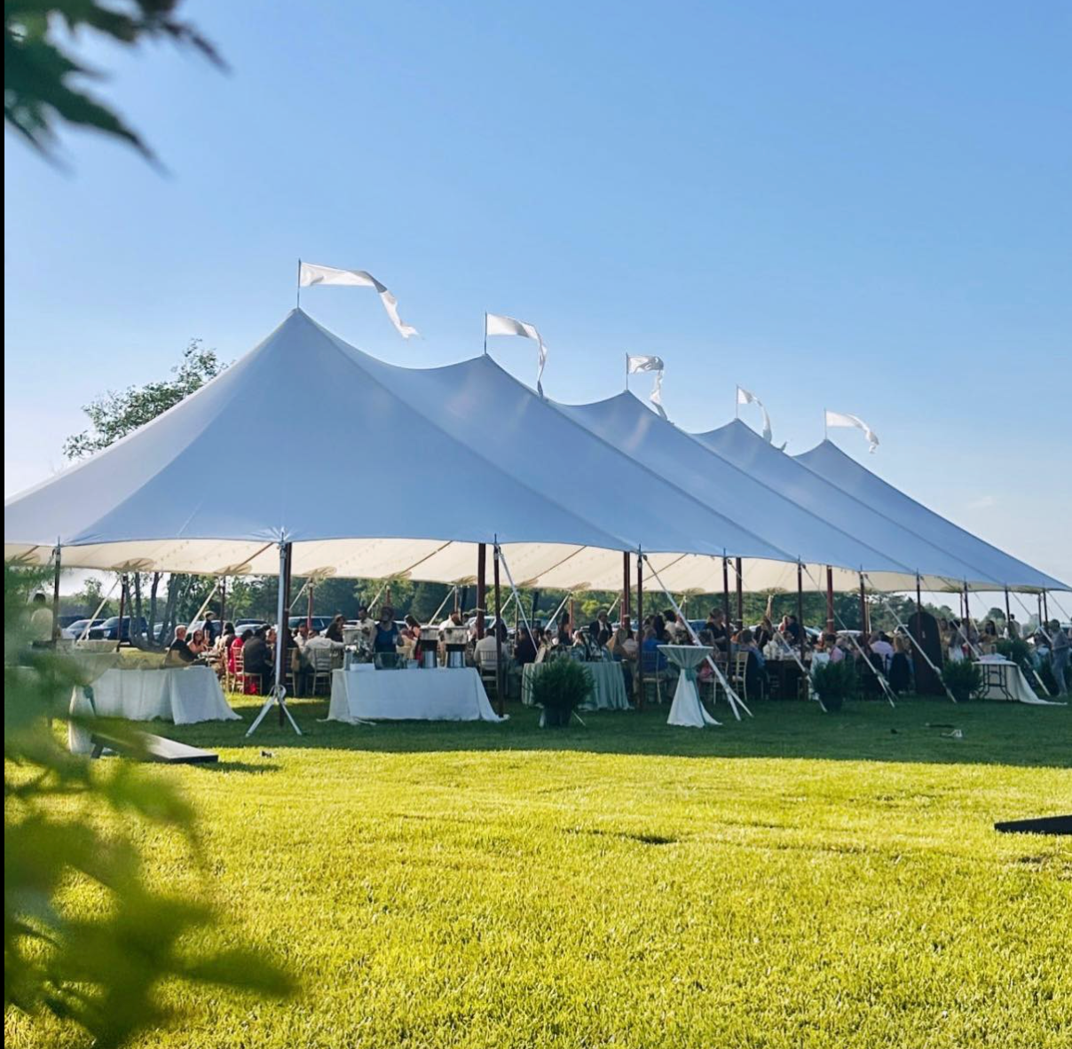 Large white pole tent set up outdoors for an event in Southern Maryland with guests seated on a sunn