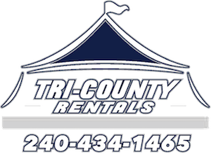 The logo for tri-county rentals shows a tent with a flag on top.