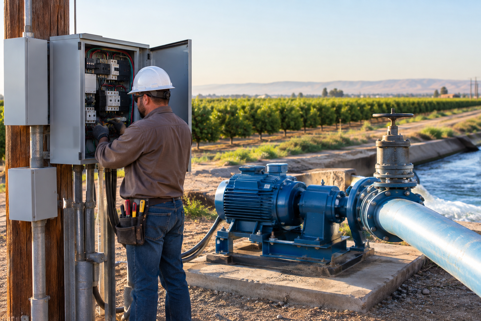 Worker inspecting an electrical control panel beside a large blue irrigation pump in a field.