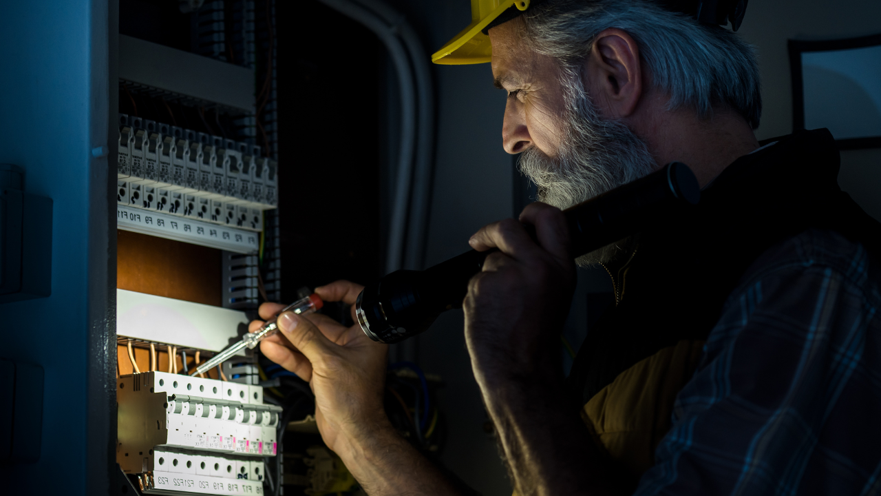 Electrician working on electrical panel with a flashlight.