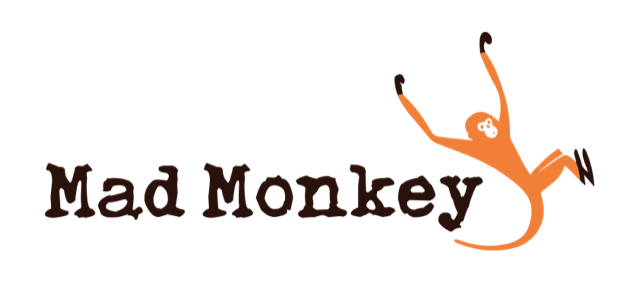 Mad Monkey logo with black text and an orange swinging monkey on a white background