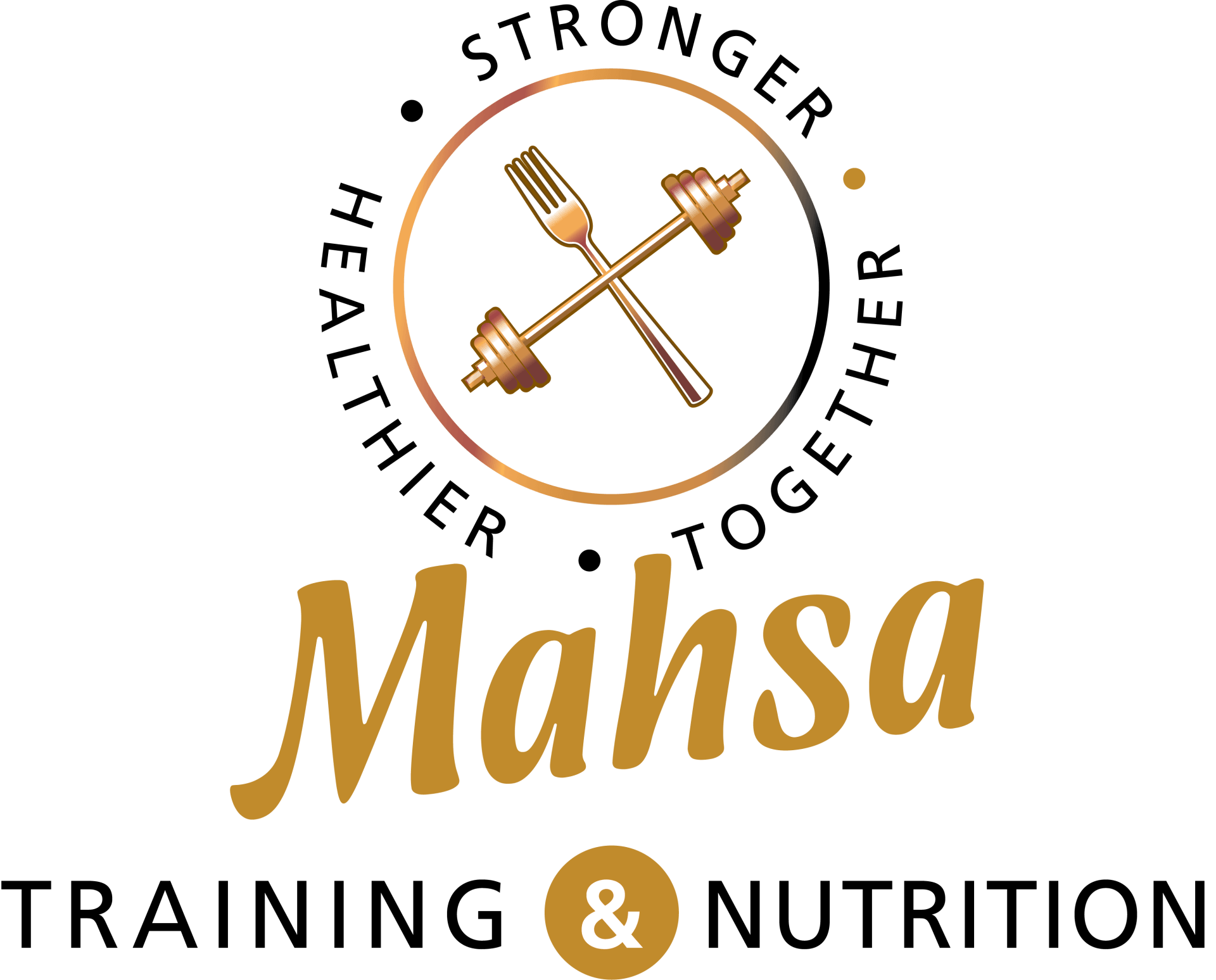 The logo for mahsa training and nutrition shows a fork and a dumbbell in a circle.