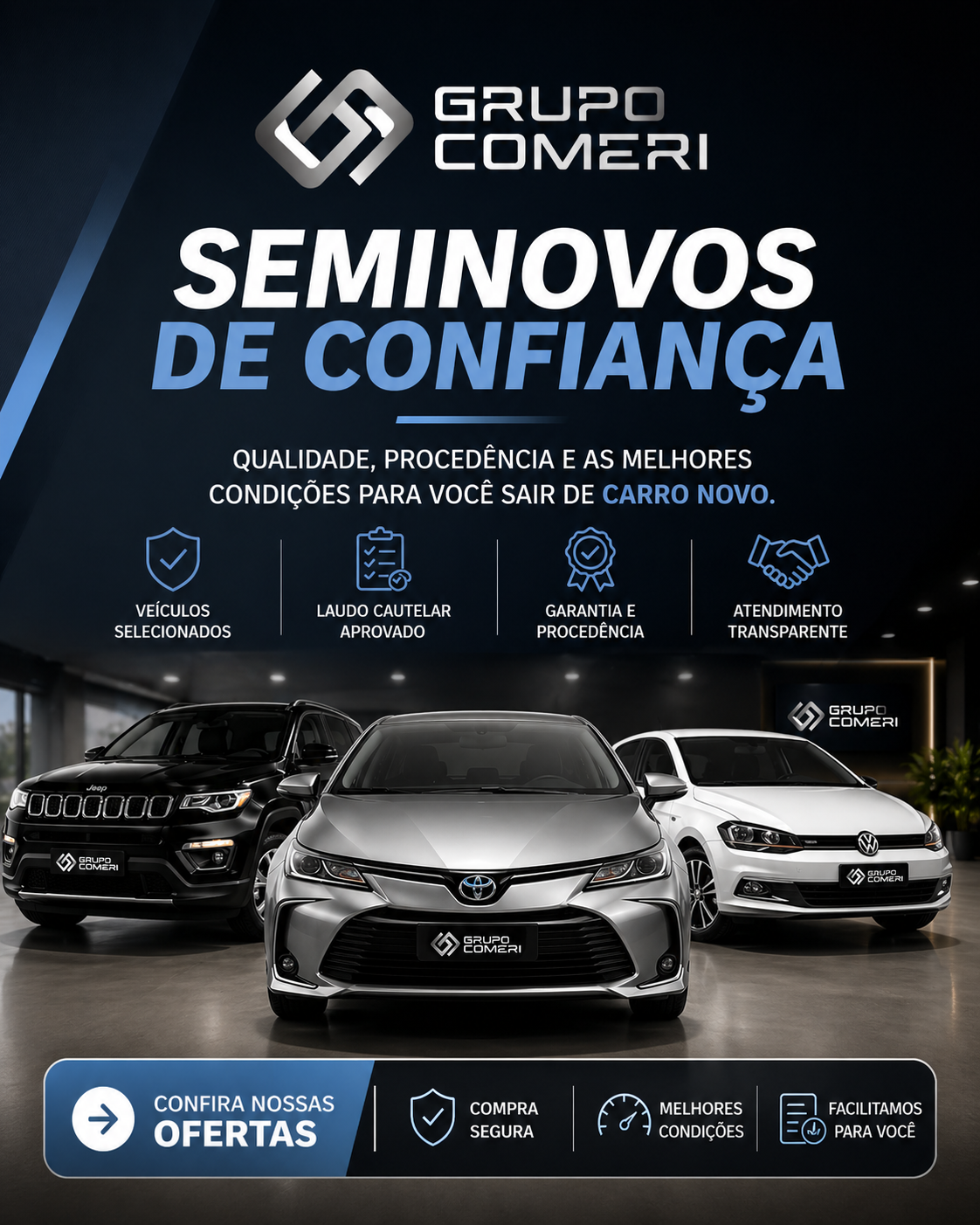 Promo banner for Grupo Comeri with three cars and the text “seminovos de confiança” on a dark blue background