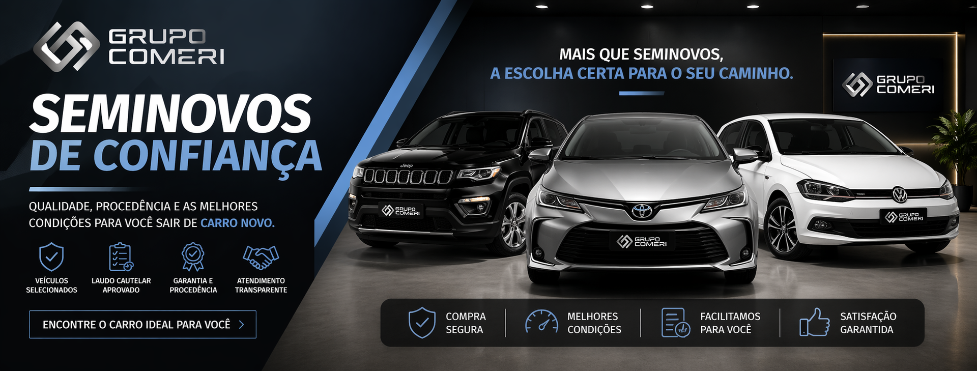Anúncio de concessionária de veículos com três carros e a inscrição em espanhol em negrito “Seminovos de Confiança” sobre um fundo azul escuro.