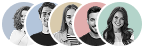 Five overlapping circular profile icons with grayscale portraits and one teal-tinted portrait on the right