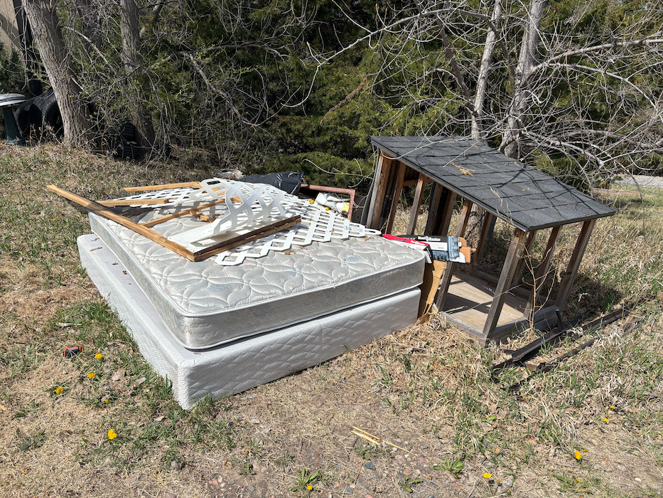 Mattresses and a small wooden shelter discarded in a grassy roadside area near trees.
