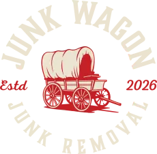 Junk Wagon logo with red covered wagon, “Estd 2026,” and circular “Junk Removal” text