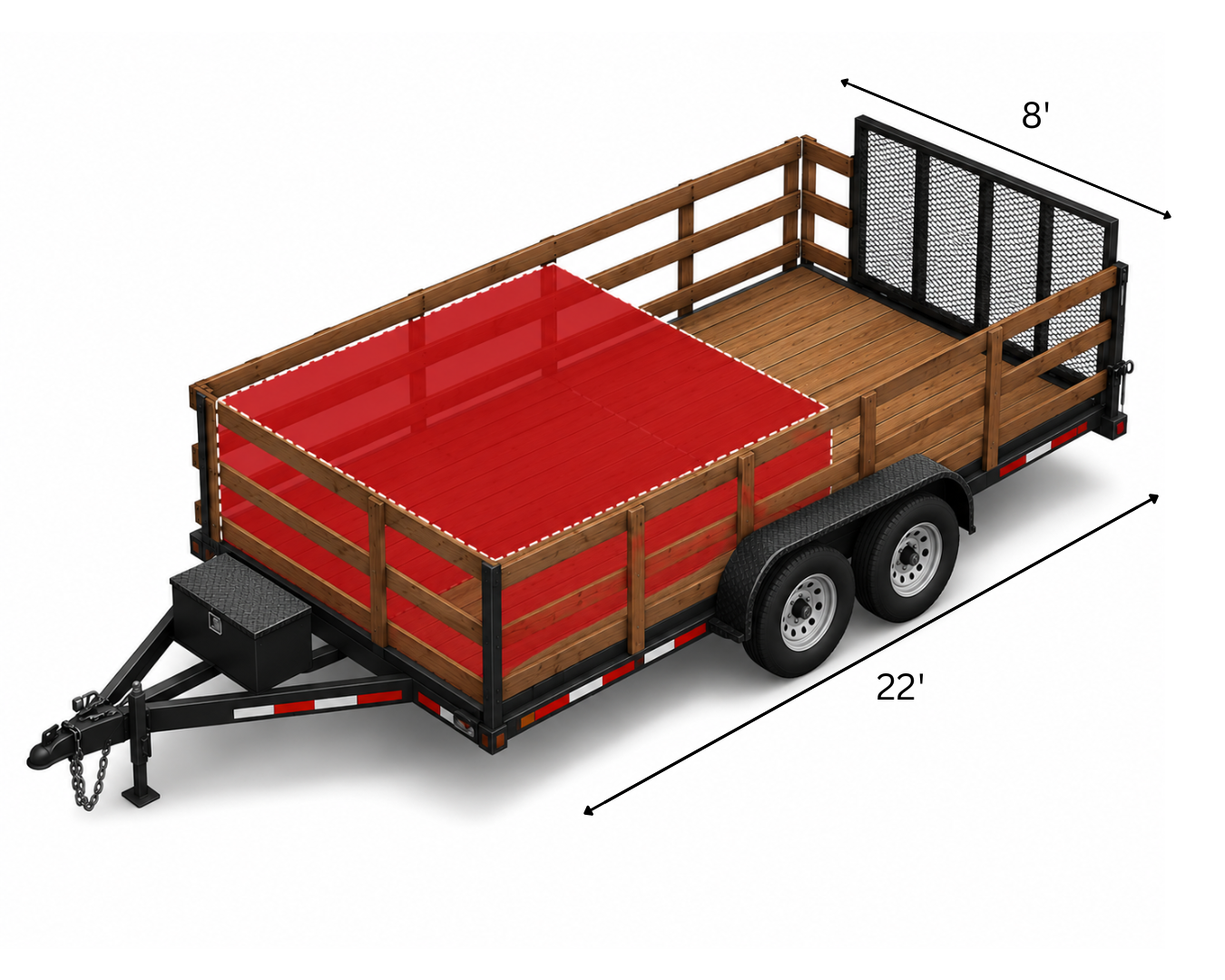 Red utility trailer with wooden sides and ramp gate, shown with 22' length and 8' width dimensions.