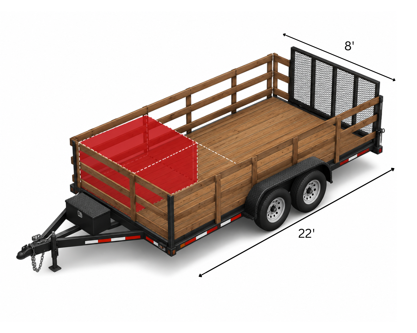 Open utility trailer with wooden sides, red cargo, and black mesh gate, labeled 22' long and 8' wide