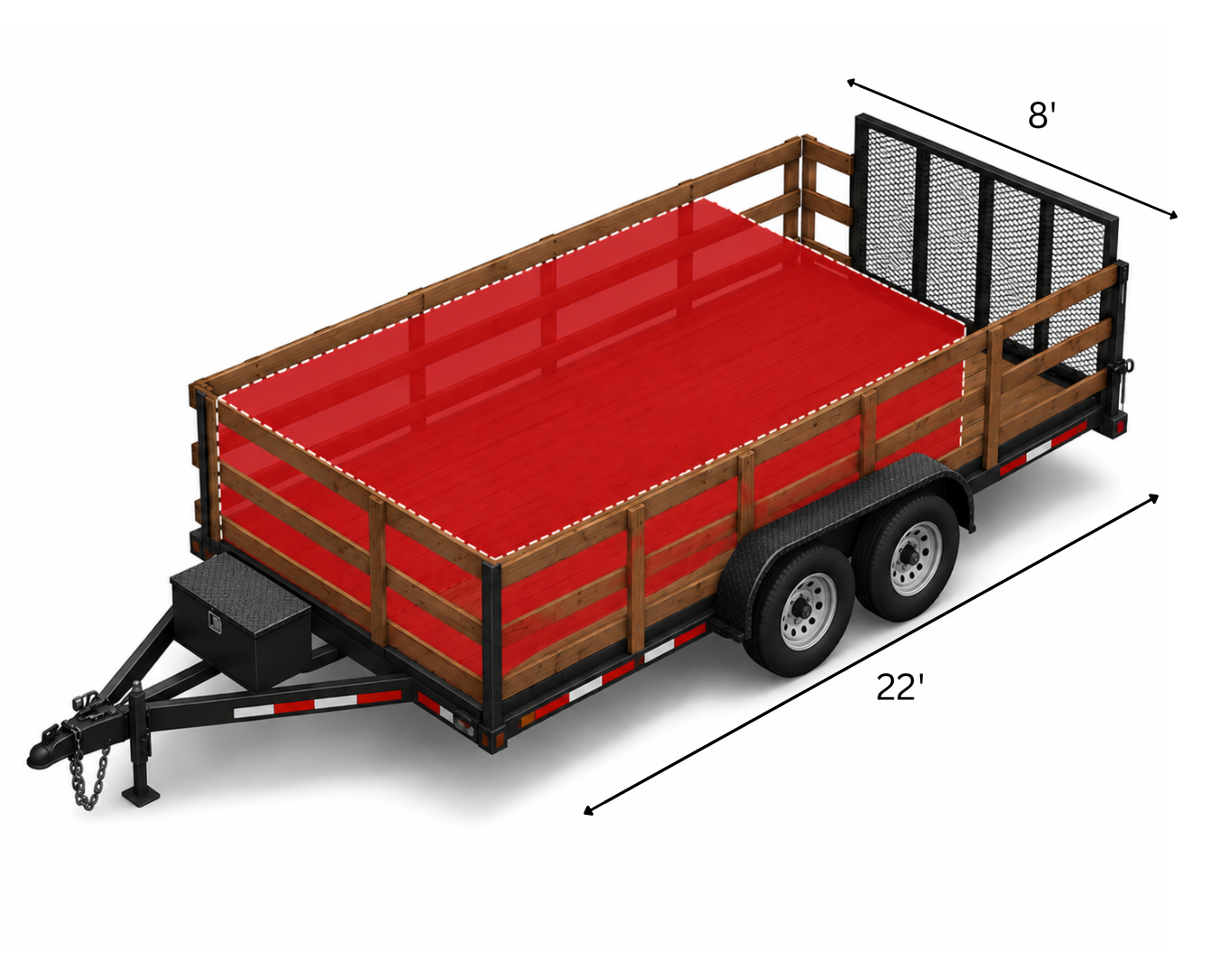 Red utility trailer with wood sides and black mesh gate, shown in three-quarter view with dimensions marked.