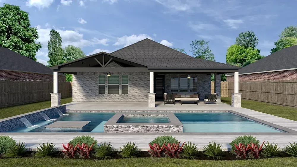 Rear view of a house with a pool. Brick exterior, covered patio, and a dark roof.